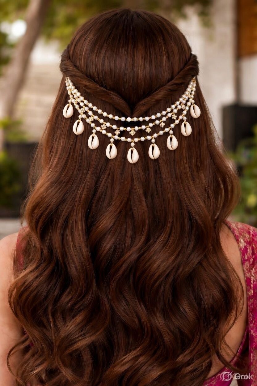 White floral shell hair accessories for women, bridal head chain