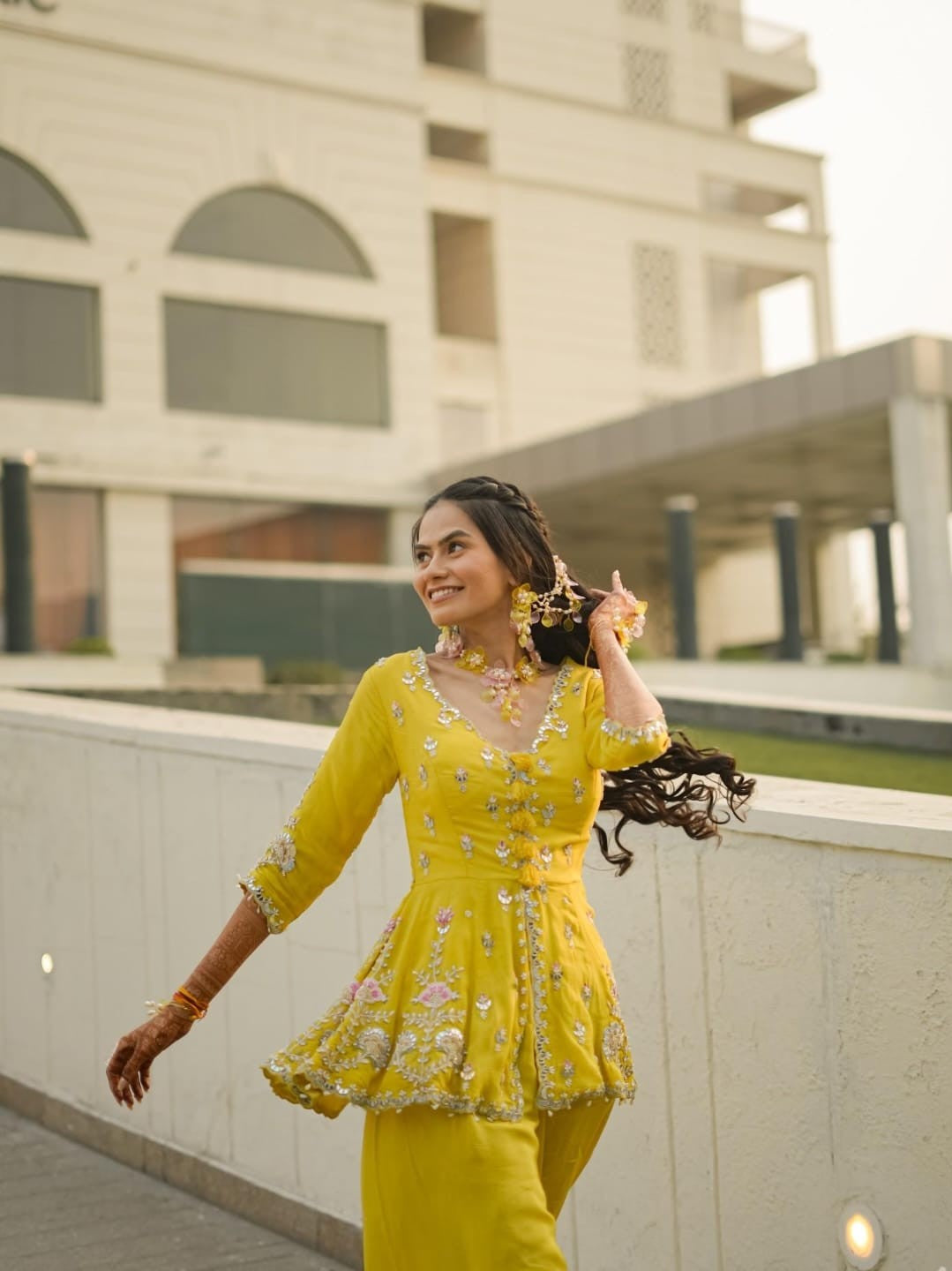 Yellow-Pink Acrylic Flowers Bridal Jewelry for Haldi-Mehndi