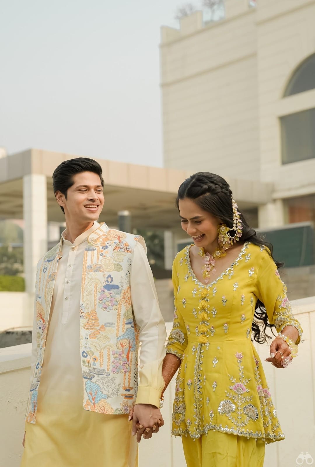 Yellow-Pink Acrylic Flowers Bridal Jewelry for Haldi-Mehndi