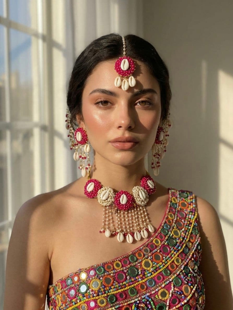 Pink-White Pearls Sea-Shell Jewellery Set for Haldi Mehndi