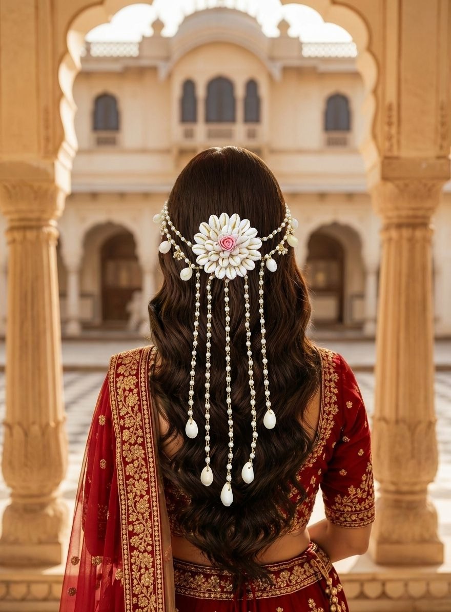 Pink Floral Seashell Hair Pin | Gold Plated for Weddings & Haldi