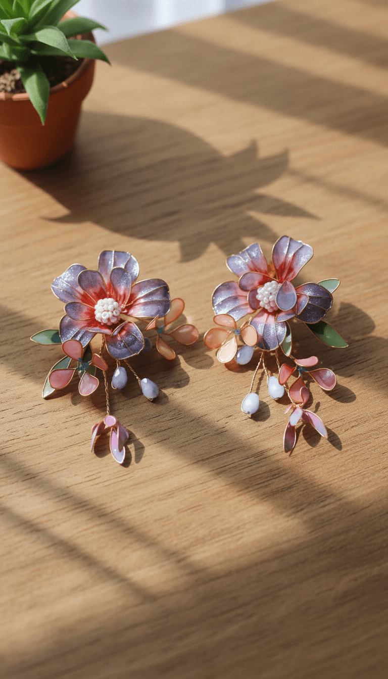 Handmade resin drop earrings in purple, pink, and green with floral beads; lightweight, perfect for haldi mehndi