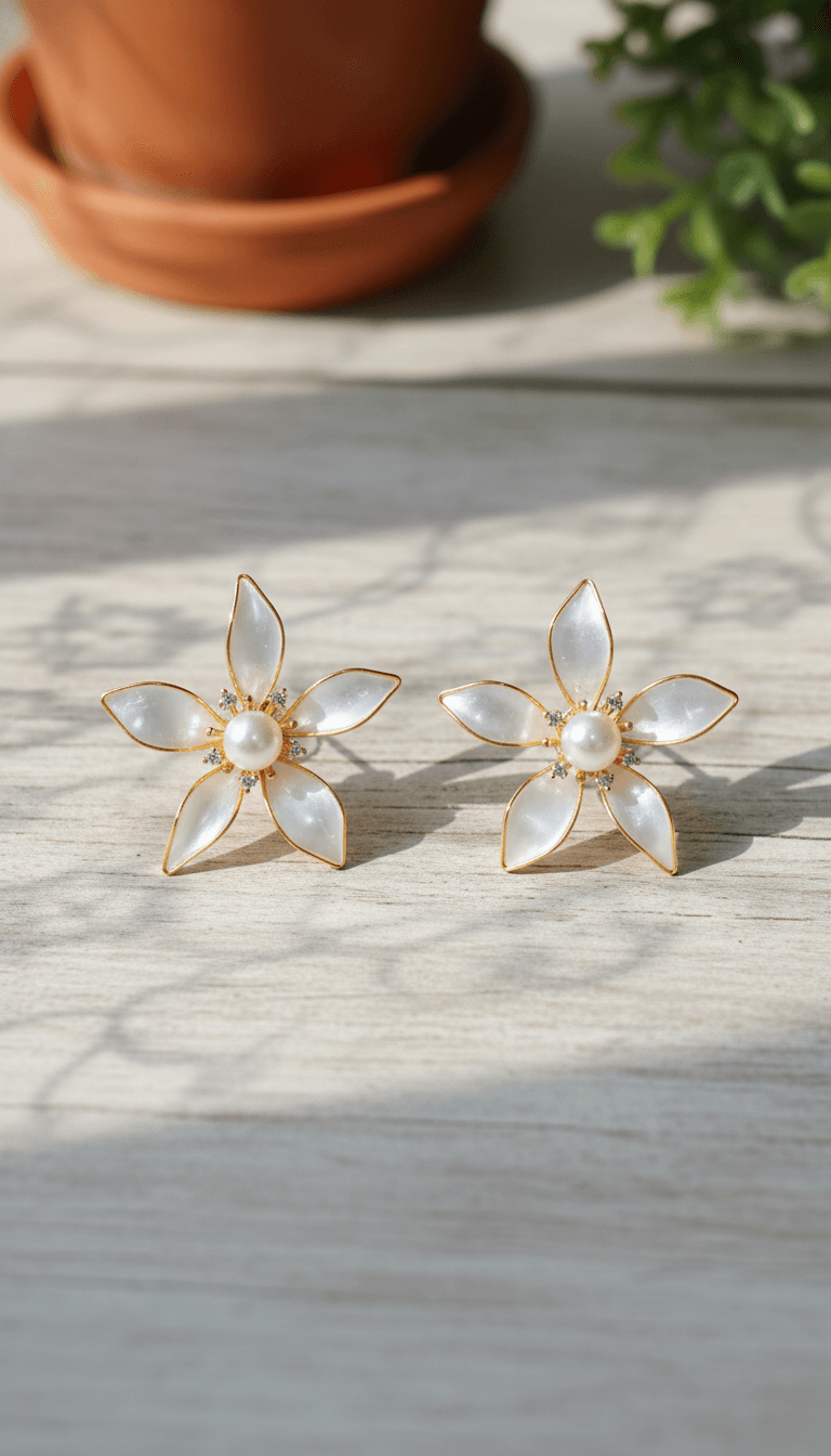 Handmade white resin earrings with floral accents, lightweight beaded studs for haldi mehndi or pastel resin jewellery sets