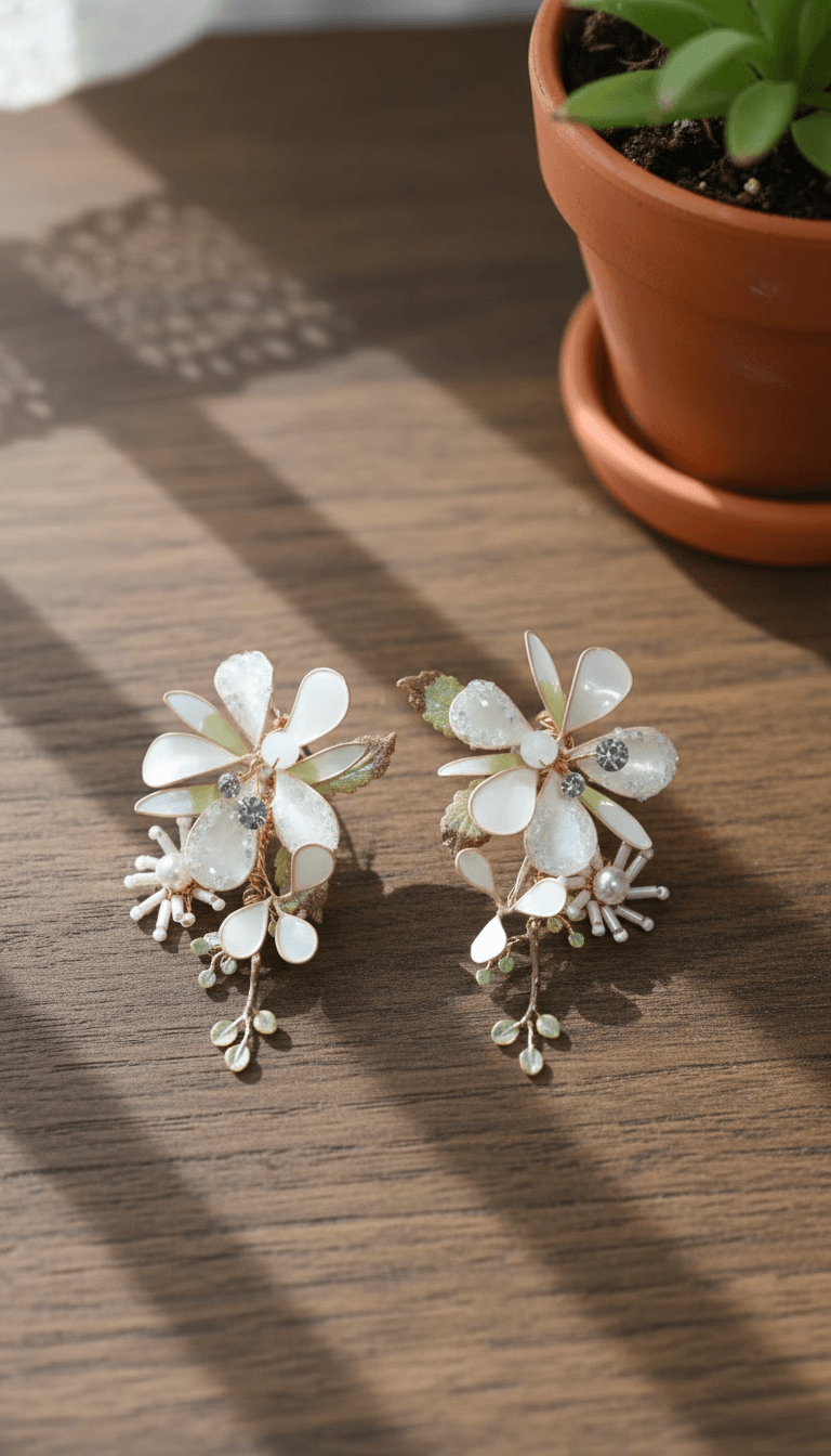 White and green resin earrings with floral design, handmade lightweight studs, perfect for haldi mehndi outfits