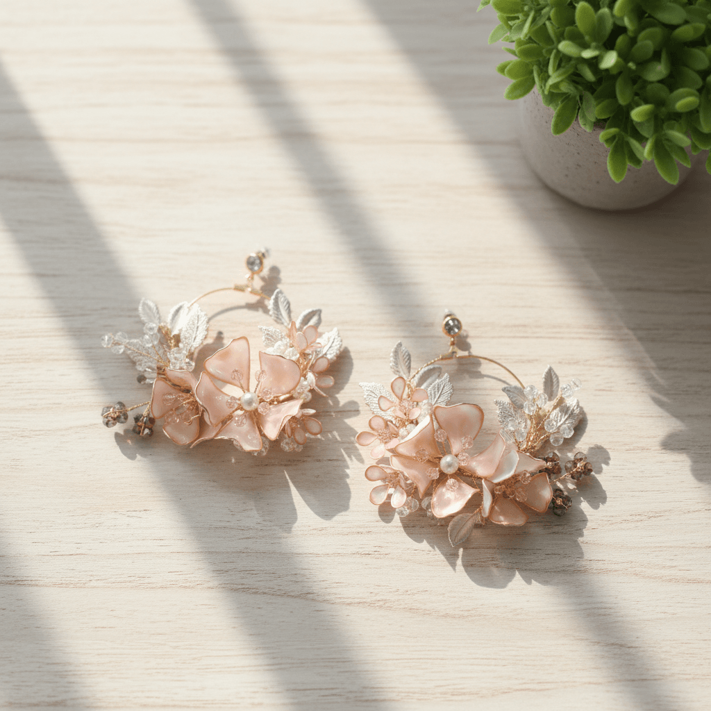 Light pink handmade resin earrings with floral design and beads, lightweight pastel earrings for haldi or mehndi