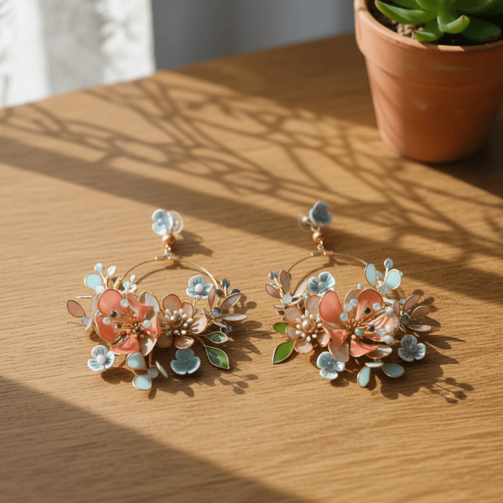 handmade peach and skyblue resin floral hoop earrings for haldi