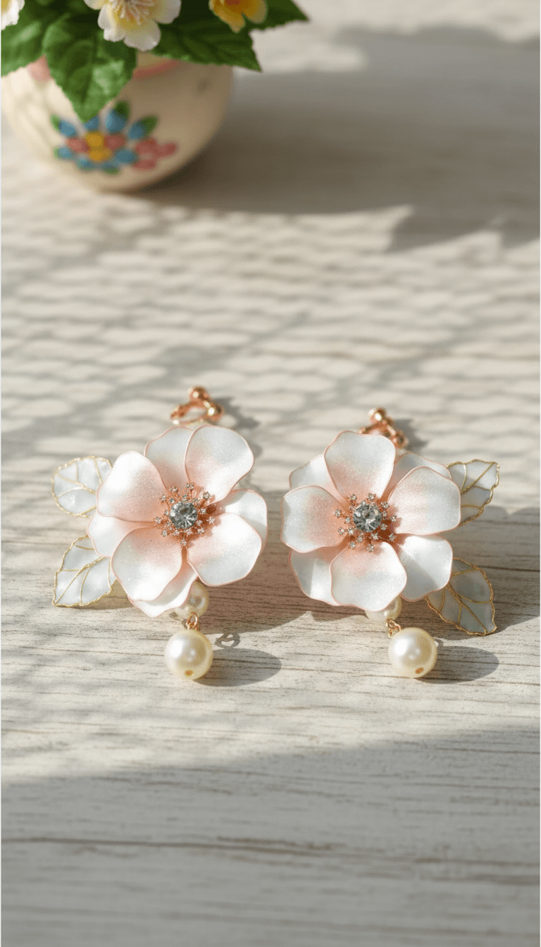 Blush pink floral resin earring, handmade lightweight dangle stud