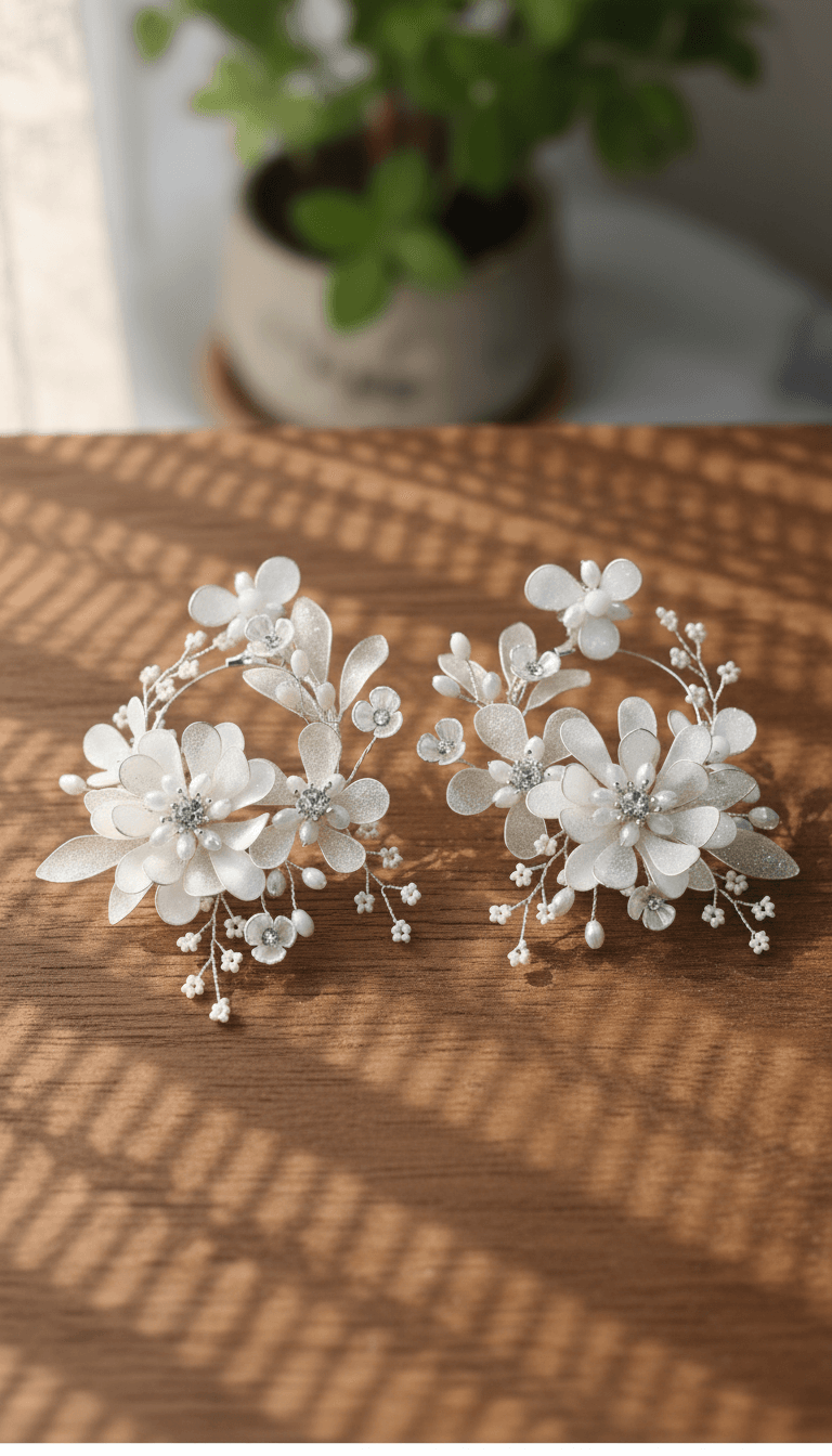 Elegant white resin earrings with floral design, handmade lightweight drop earrings perfect for haldi or mehndi events
