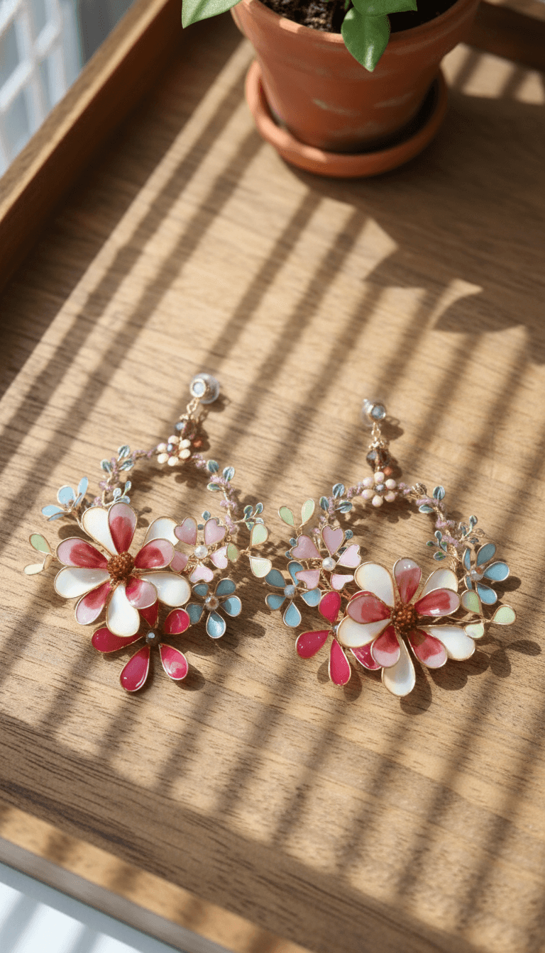 Handmade resin hoop earrings with pink, white, and sky blue floral design, lightweight for haldi and mehndi events