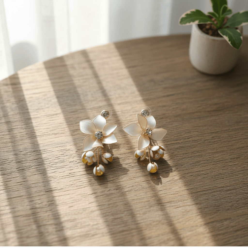 Handmade light pink resin earrings with white floral design, pastel elegant drop earrings for haldi or mehndi