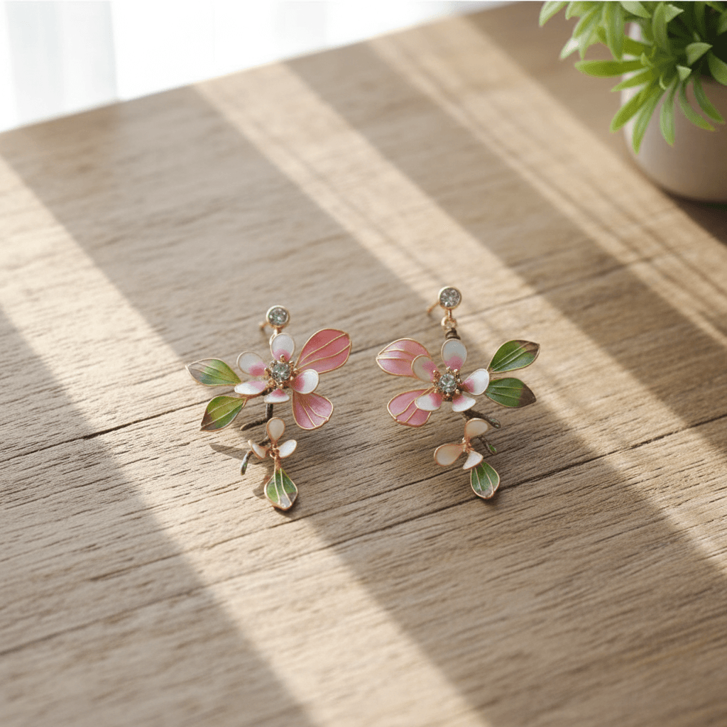pink and green resin floral earrings, handmade dangle earrings