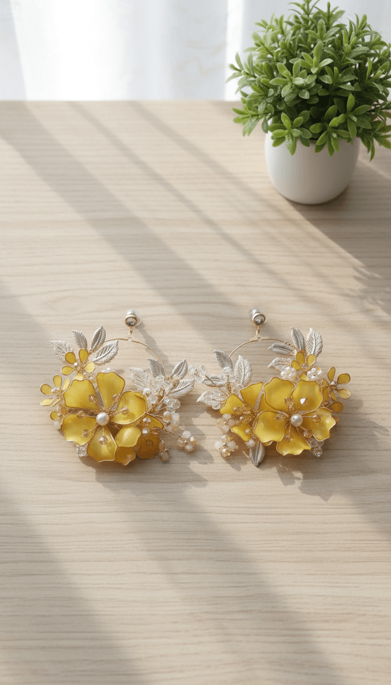 Handmade yellow and white resin hoop earrings with floral beaded design, lightweight jewelry for haldi mehndi
