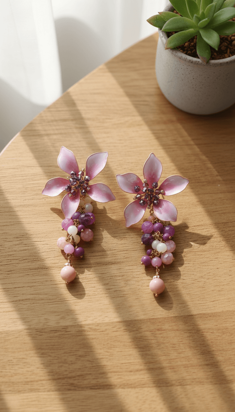 Handmade resin earrings with embedded flowers, multicolor beaded design for women, lightweight pink and purple floral style