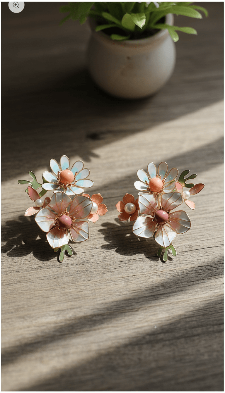 pastel pink and blue resin floral earrings, lightweight statement