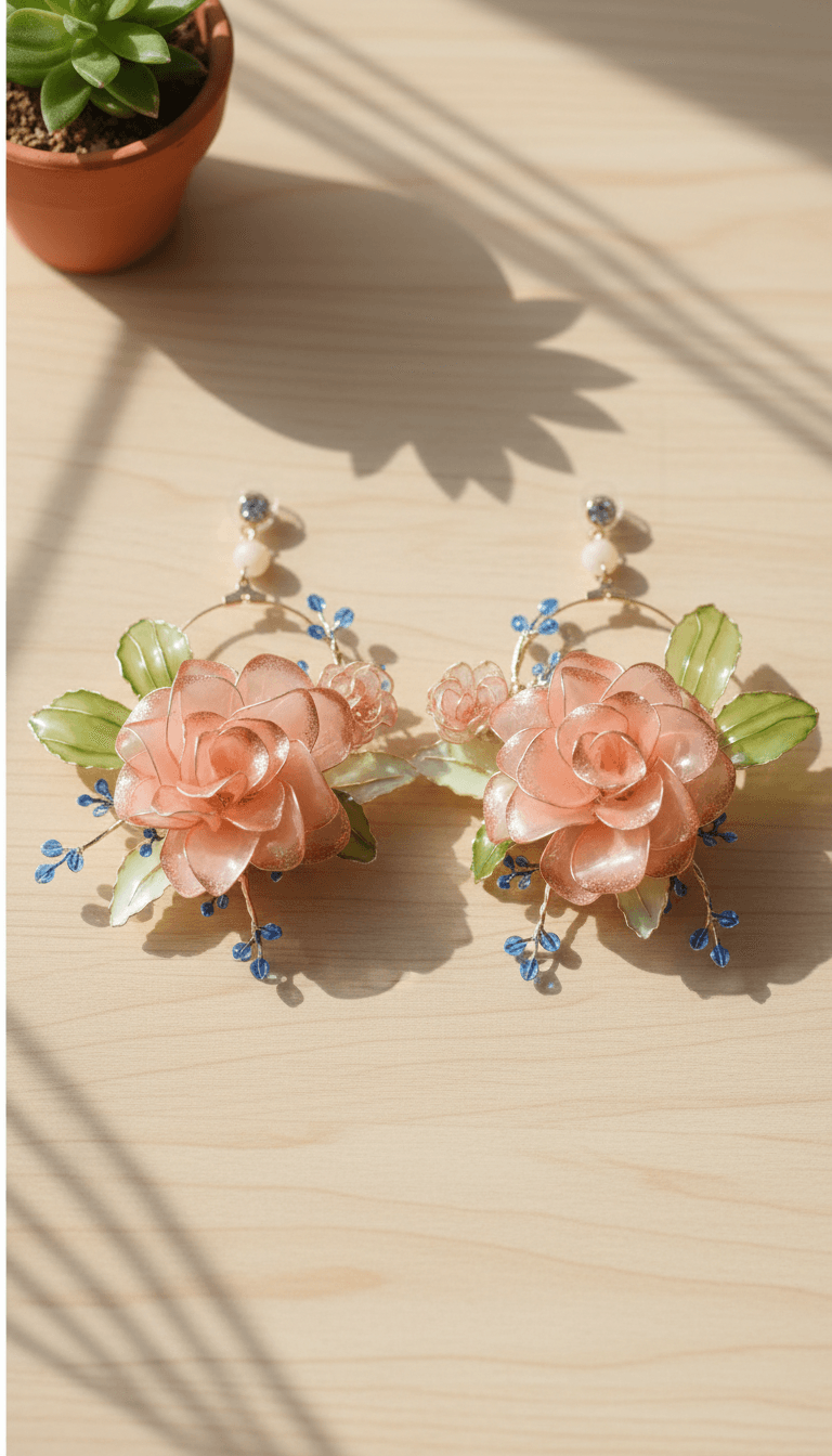 Peach rose resin earring, floral hoop statement pastel earrings