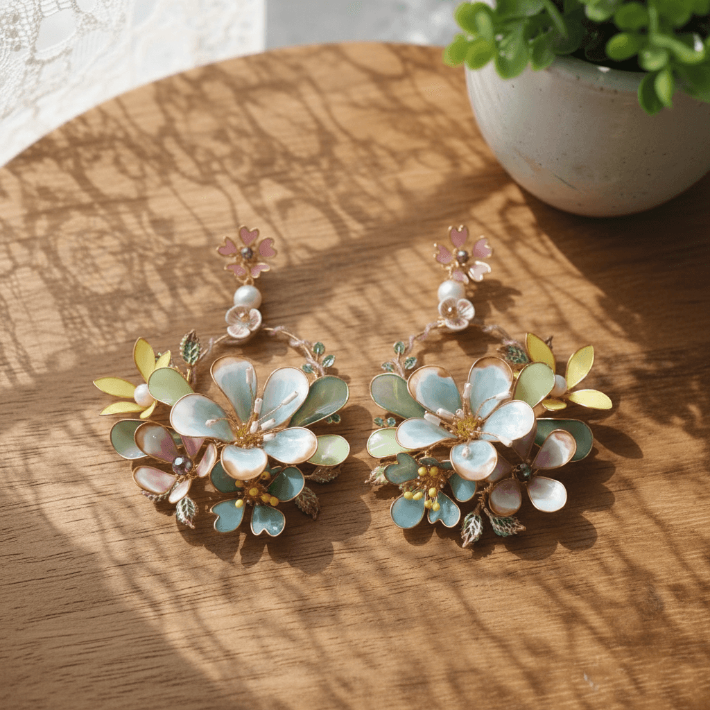Handmade resin flower earrings in sky blue, pink, and multicolor beads; lightweight floral jewelry for haldi or mehndi.