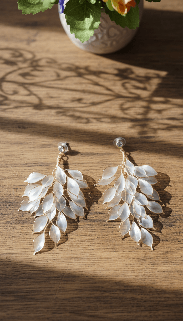 Frosted white petal resin earrings, floral drop statement dangles