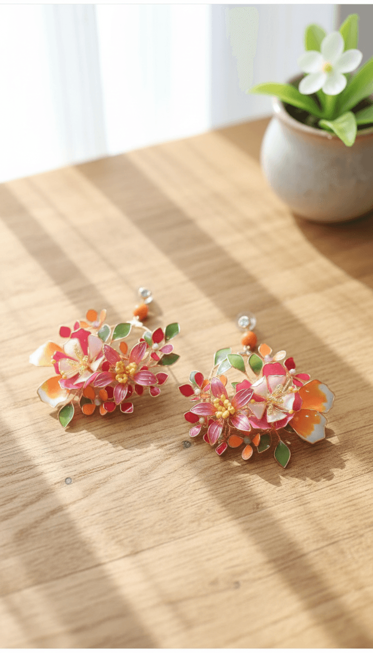 handmade resin earrings with rusted orange floral design for haldi