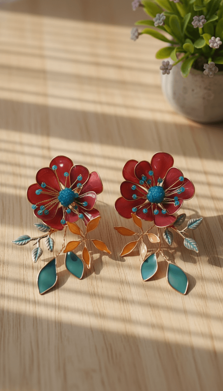 handmade red resin floral earrings for haldi mehndi, beaded multicolour