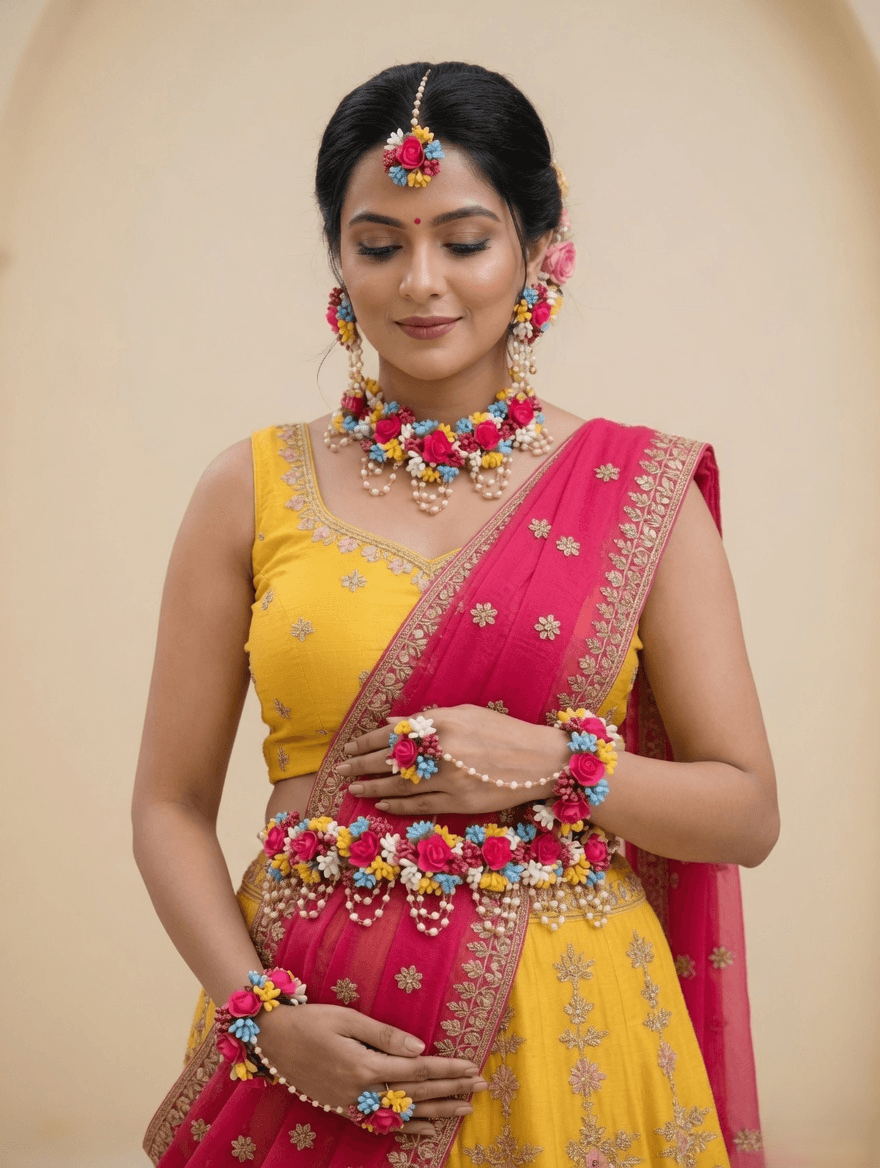 flower jewellery set for saree, baby shower jewellery for women