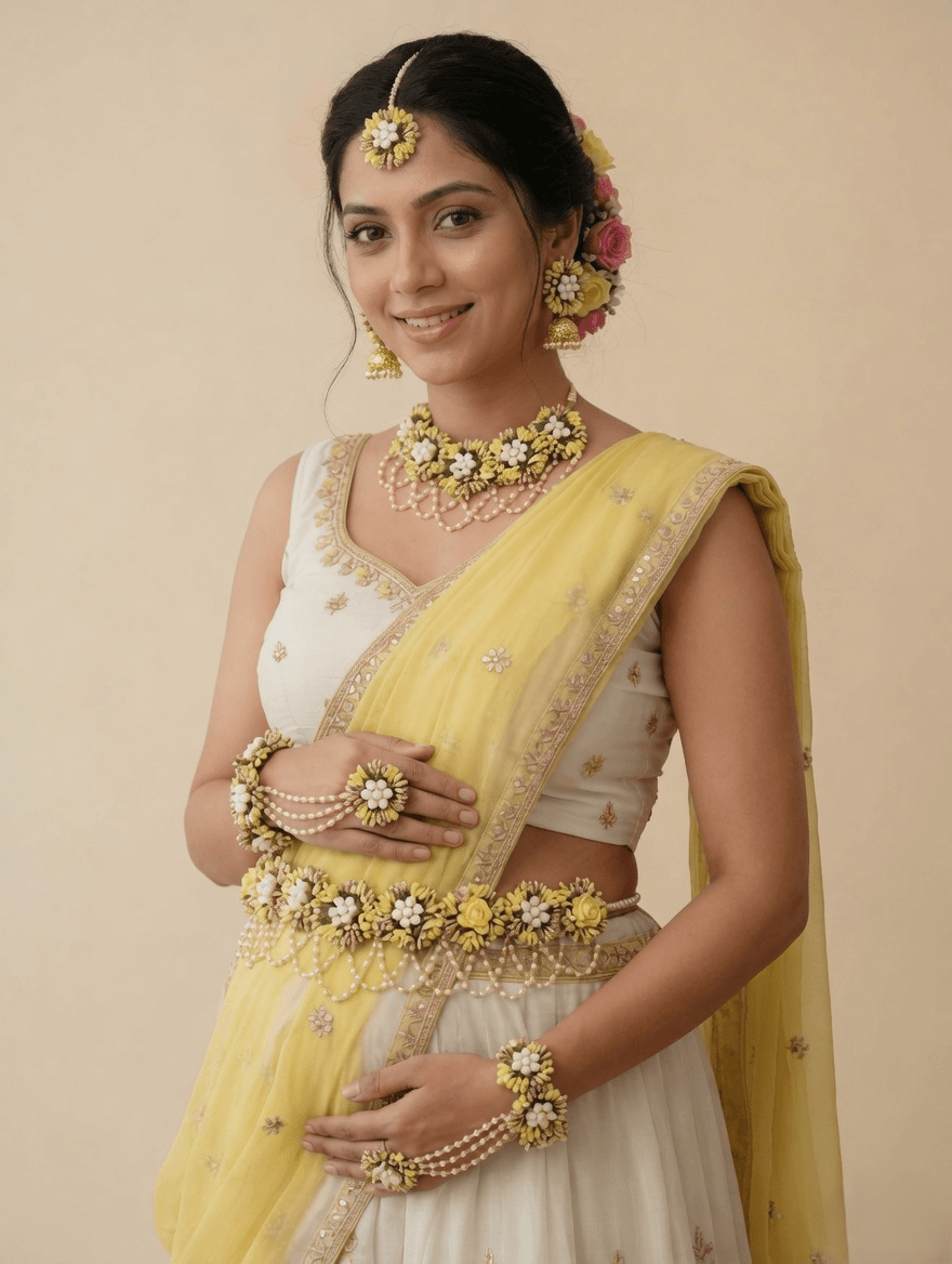 floral jewellery with earrings, baby shower bracelet set, waist belt