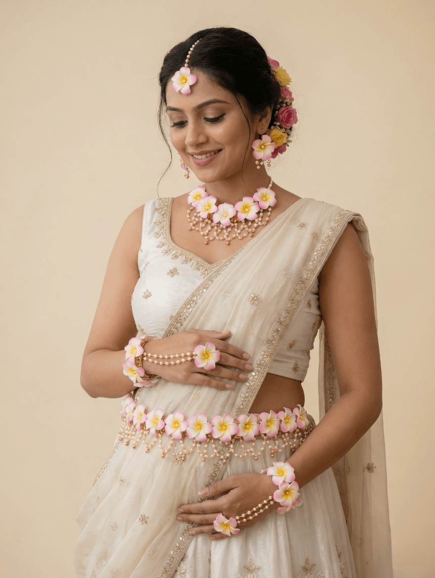 floral jewellery set online for baby shower, godh bharai fashion