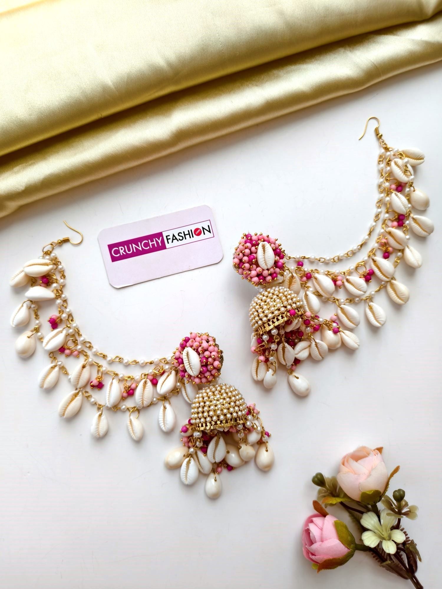 baby pink pearl sea shell earrings for haldi-mehndi, cowrie shells