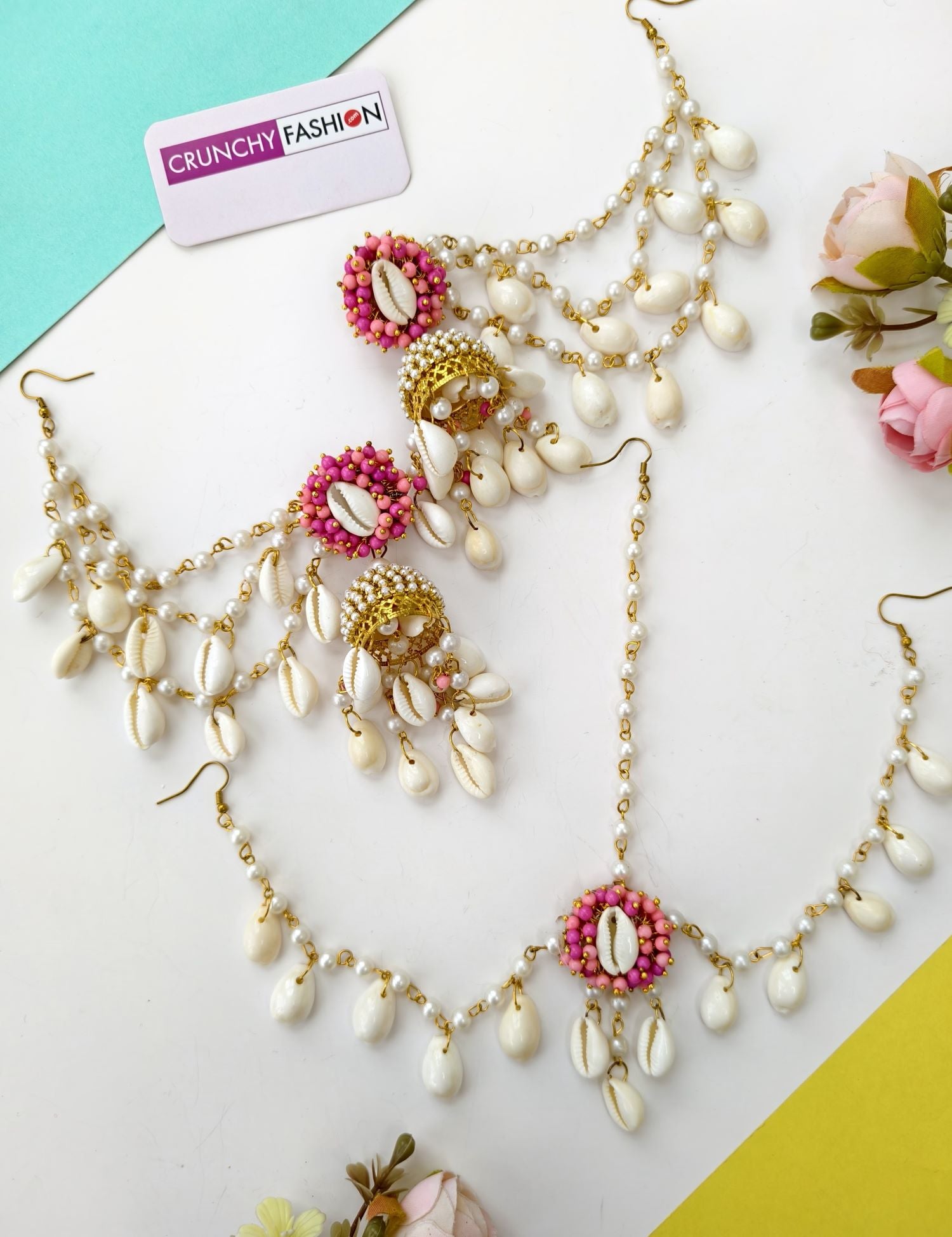 Pink Pearl & Sea Shell Baby Pink Earrings with Earchian & Matha Patti