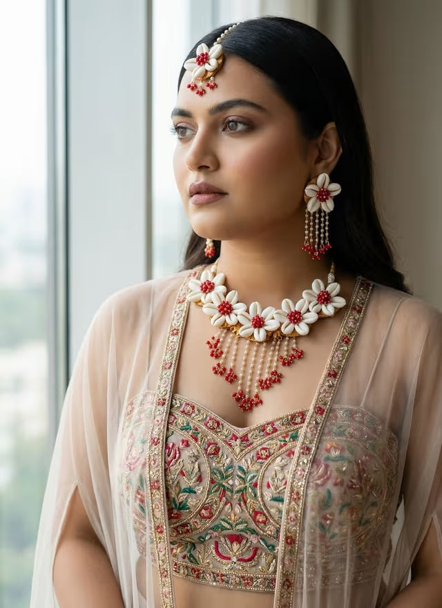 Pink Pearl & Cowrie Shell Haldi Mehndi Jewellery Set Bride