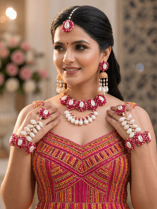 Hot Pink Pearl & Cowrie Shell Handmade Haldi Jewellery