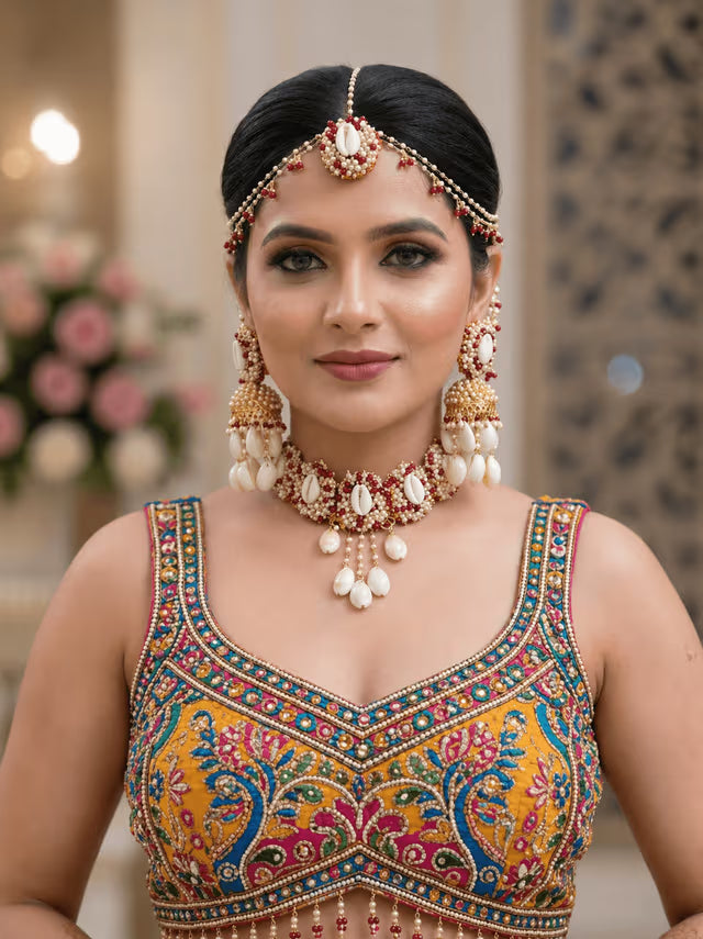 Red-White Pearl & Sea Shell Jewellery Set for Haldi-Mehndi