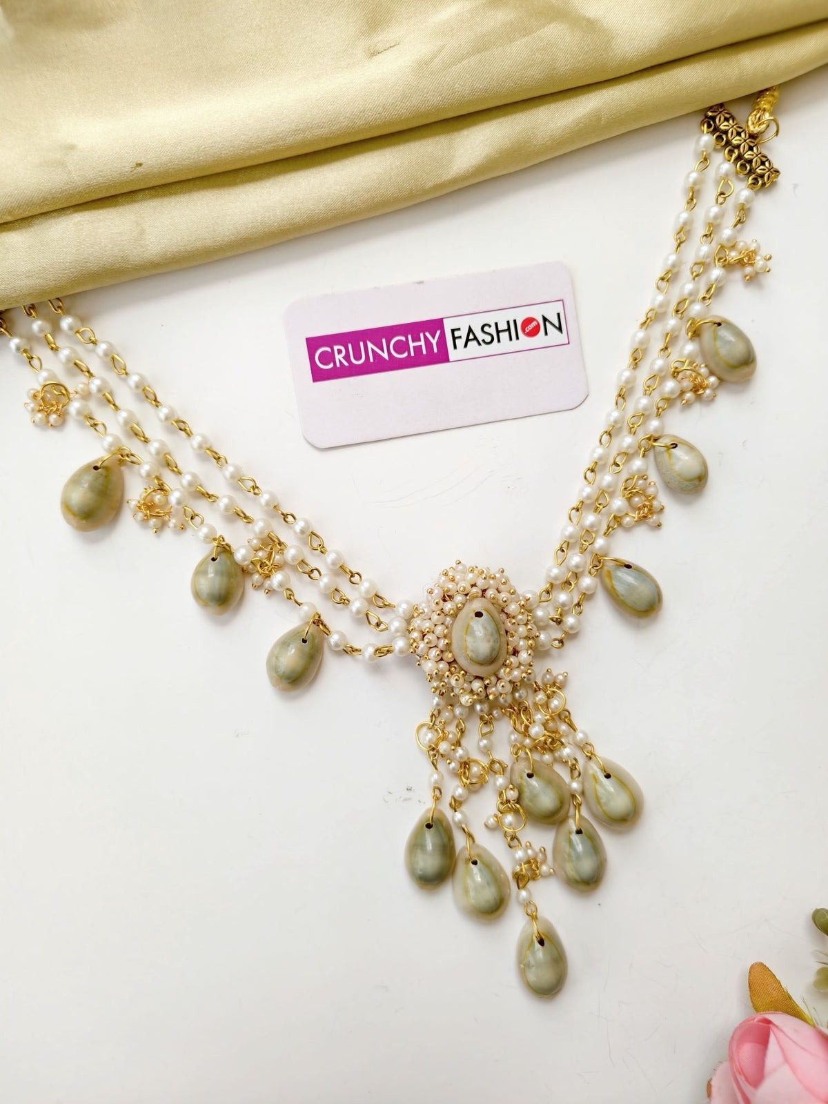handmade seashell jewellery set for haldi mehndi brides, cowrie and pearl