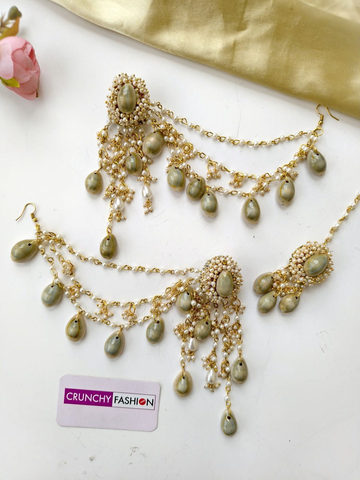 handmade seashell jewellery set for haldi mehndi brides, cowrie and pearl