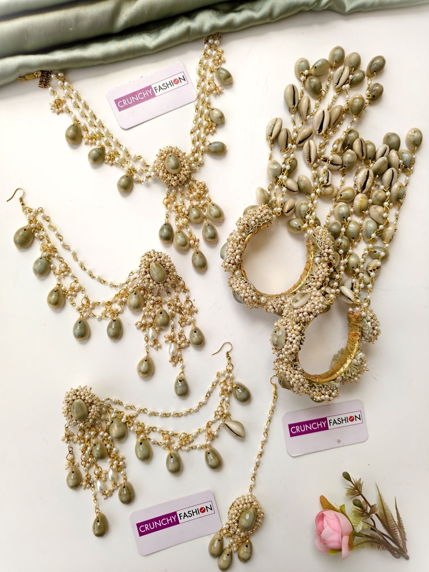 handmade seashell jewellery set for haldi mehndi brides, cowrie and pearl