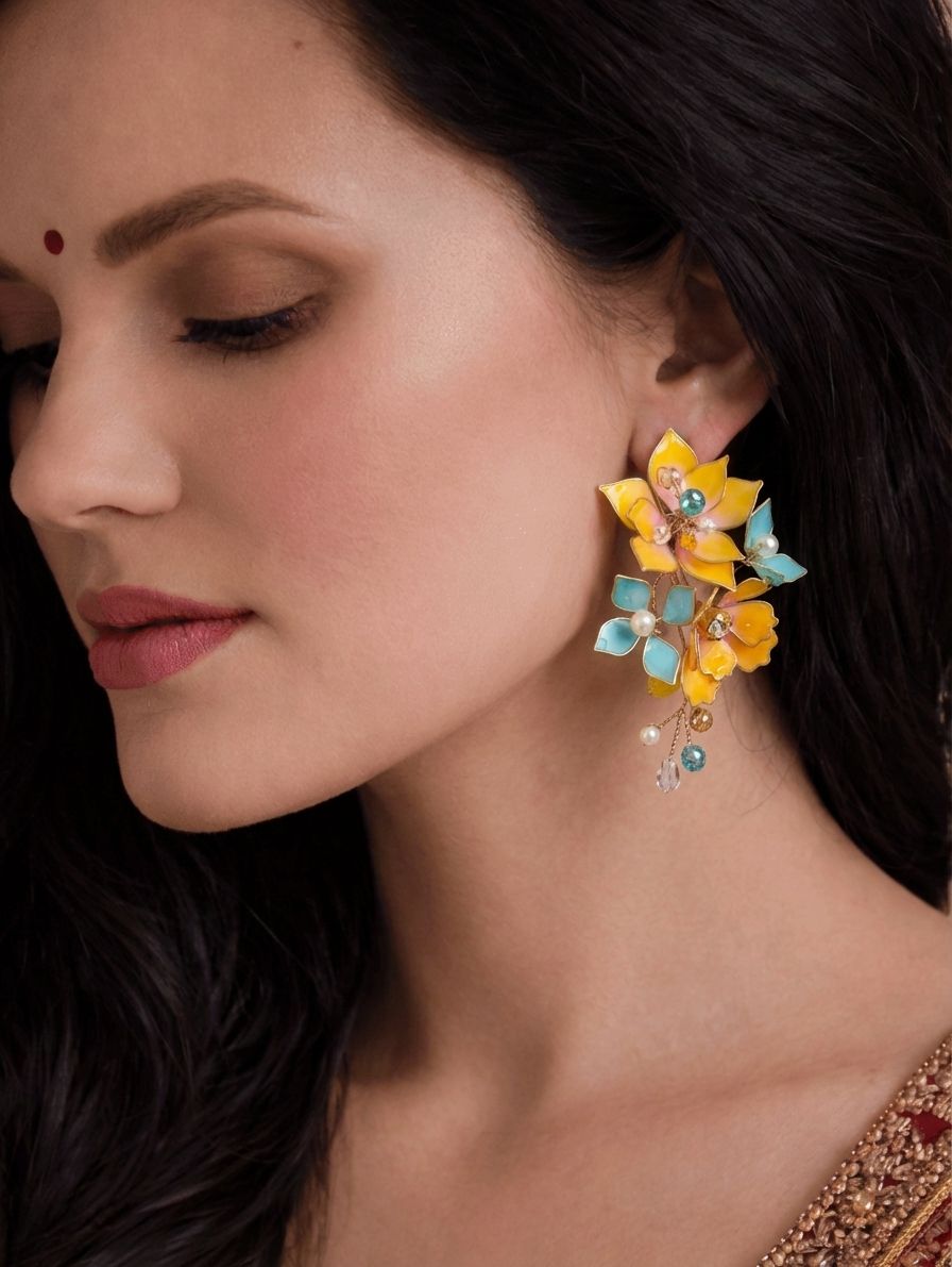 Yellow-Turquoise Floral Earrings: Resin Designer Drop Dangle for Haldi