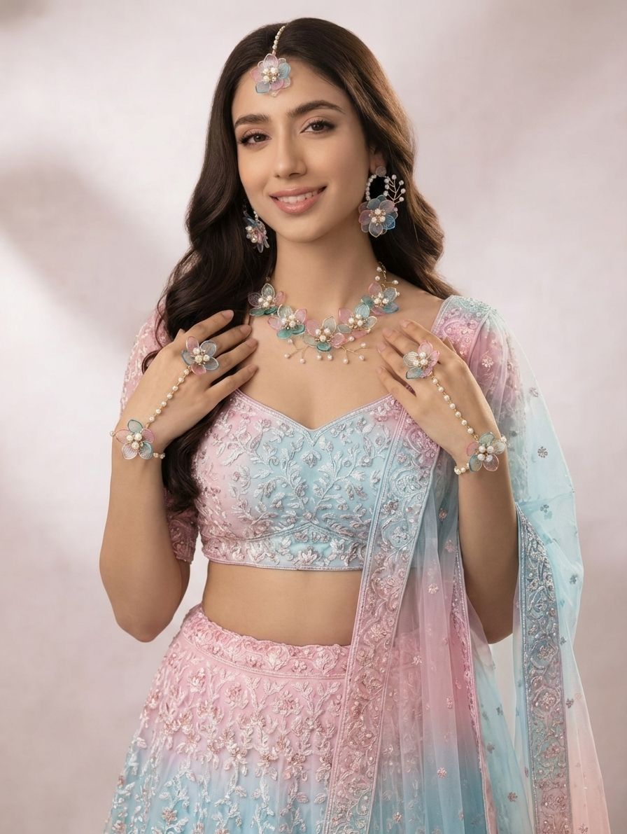 Powder Blue & Baby Pink Acrylic Floral Bridal Jewellery Set