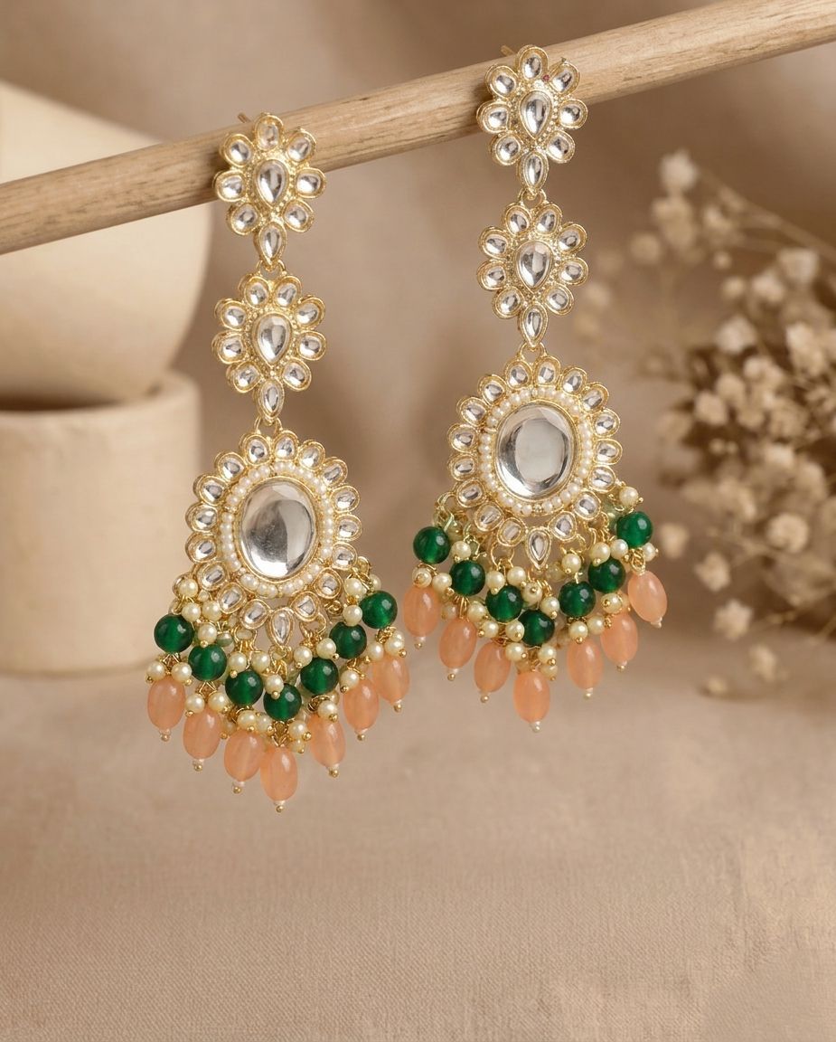 Pink-Green Pearls Long Danglers Party Chandbali Wedding Earrings for Women
