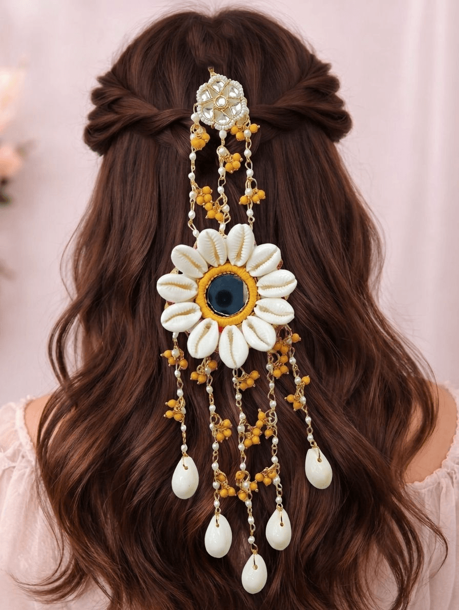 Handmade shell and pearl hair accessory, minimal yellow bridal hair jewellery, perfect for haldi or wedding looks