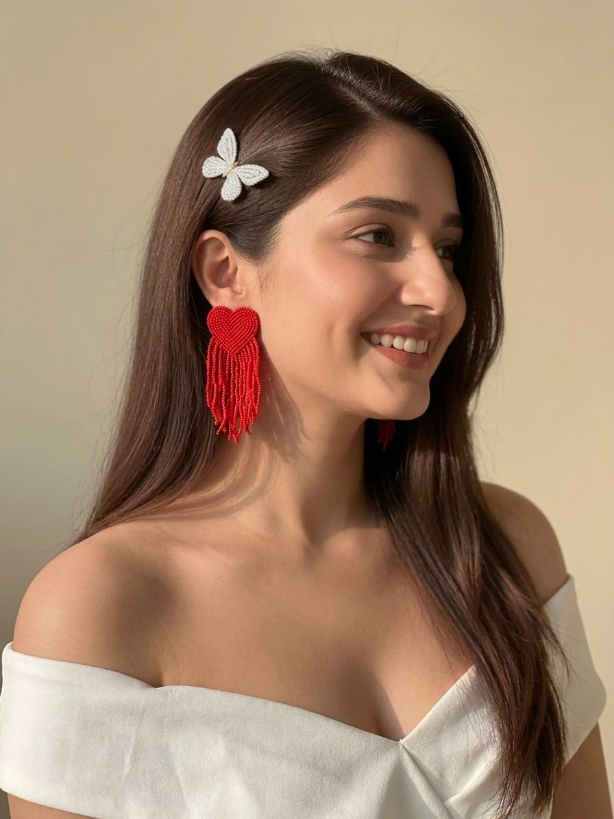 Handmade Red Beaded Tassel Heart Earrings for Women and Girls