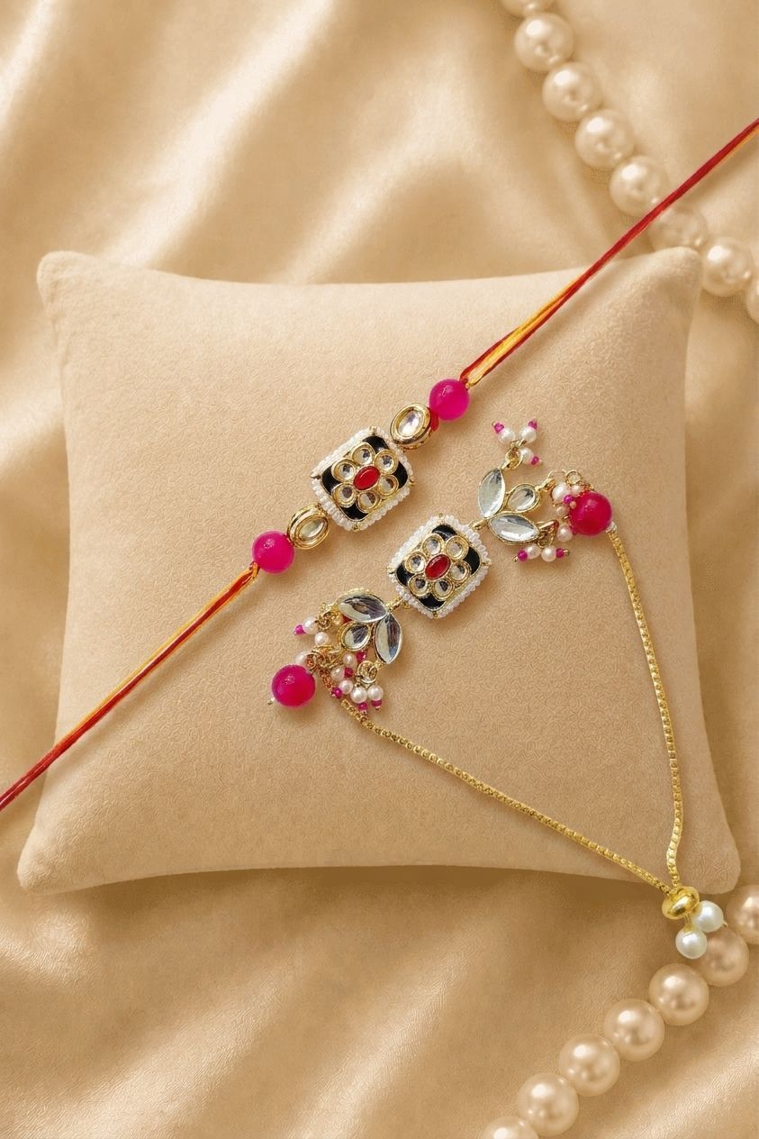Handmade Bhaiya Bhabhi Rakhi set with royal Kundan and pearl beads, traditional rakhi for brother and bhabhi 2026