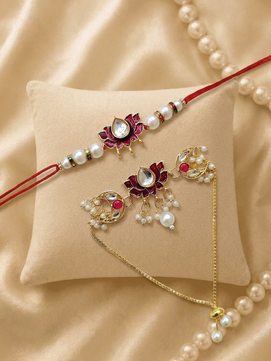Kundan lotus Bhaiya Bhabhi Rakhi combo with pearl beads, traditional handmade rakhi set for brother and sister-in-law 2026