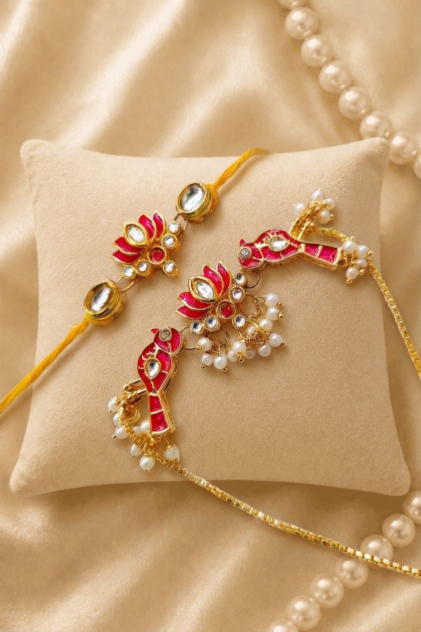 Handmade Bhaiya Bhabhi Rakhi set with lotus design, Kundan stones, pearl beads; traditional rakhi for brother 2026