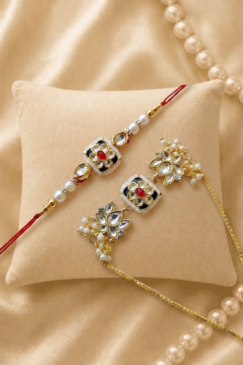 Designer Bhaiya Bhabhi Rakhi set with lotus Kundan work, traditional pearl beads, perfect for Raksha Bandhan 2026