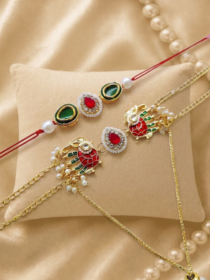 Handmade Kundan Bhaiya Bhabhi Rakhi set with pearl beads, traditional rakhi and lumba for bhabhi, designer 2026