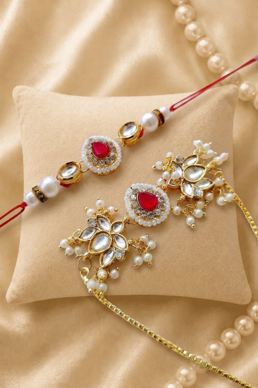 Traditional Bhaiya Bhabhi Rakhi set with Kundan, Pearl Beads and lumba rakhi for bhabhi, handmade for Raksha Bandhan 2026