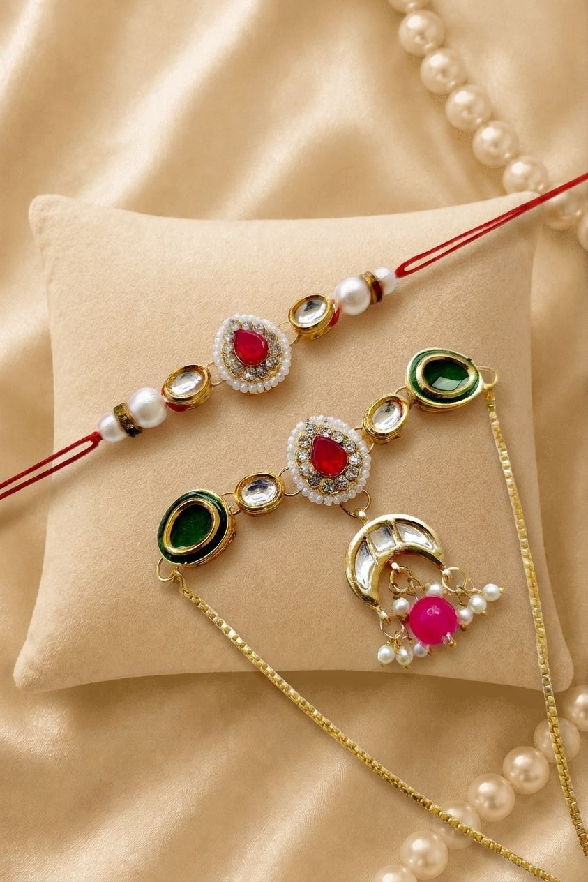 Handmade Kundan Bhaiya Bhabhi Rakhi set with pearl beads, traditional lumba rakhi for bhabhi, 2026 Raksha Bandhan