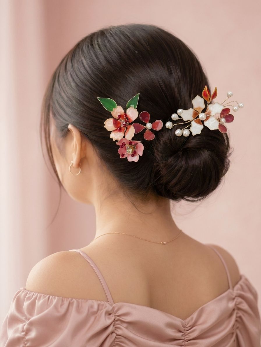 Brown and white resin floral jewellery hair pins, set of two