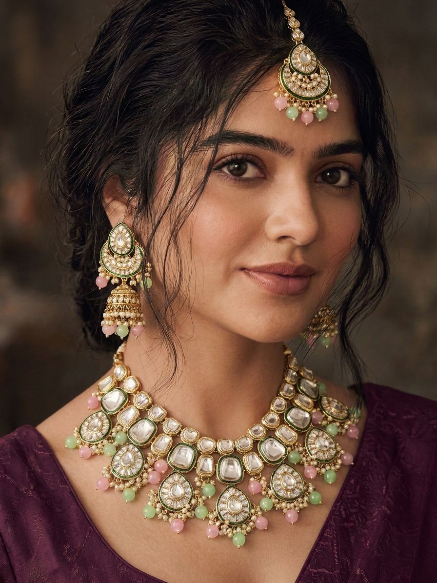 Stylish Pink-Mint Green Drops Kundan Polki Jewellery Set for Women