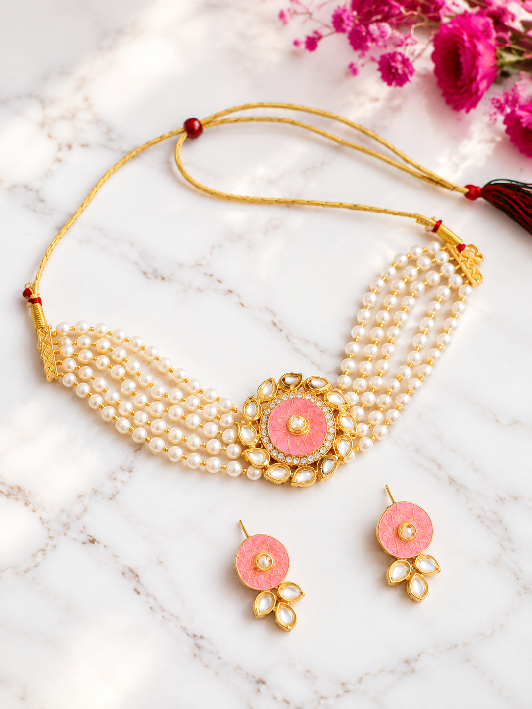 Peach Meenakari Kundan & Pearl Choker Necklace Set for Women