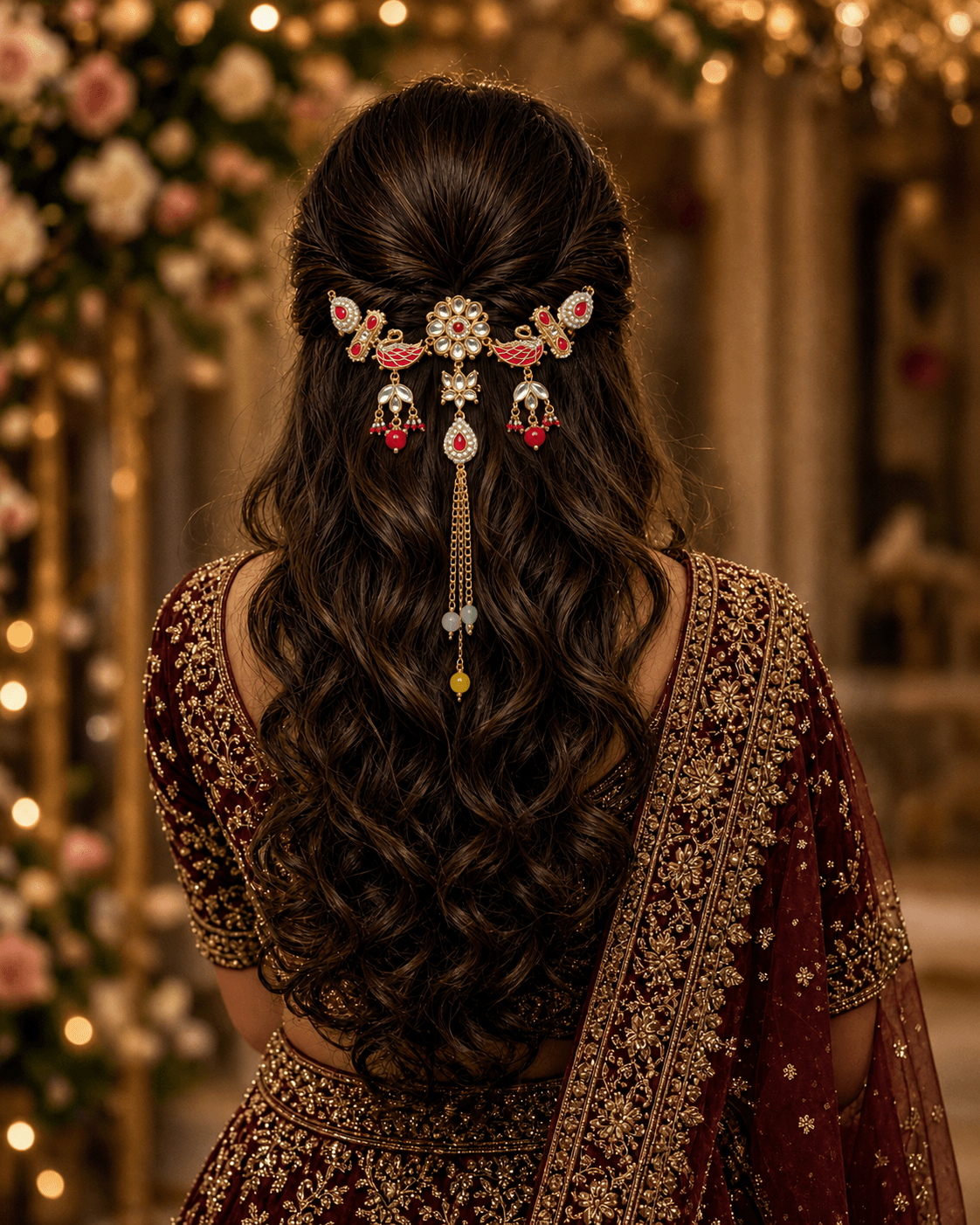 Pink Floral Kundan & Swan Hair Accessory